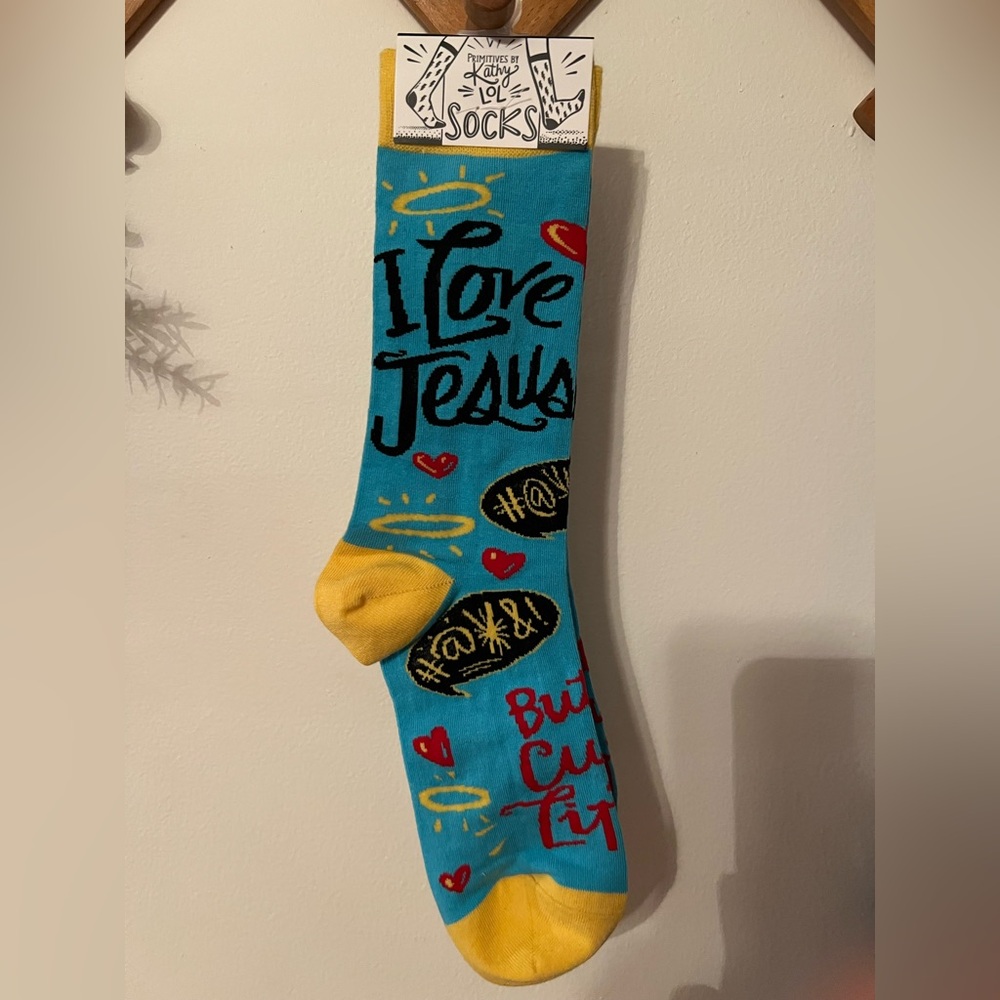 NWT- Primitive By Kathy I Love Jesus but I Cuss A Little Blue and Yellow Socks